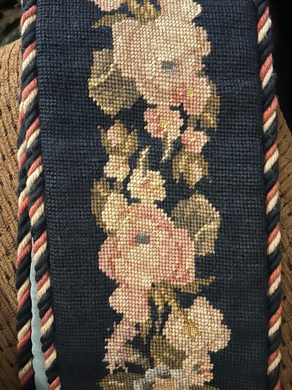 Antique Needlepoint Bell Pull Navy Pink Rose French Victorian Cottagecore - Picture 6 of 6
